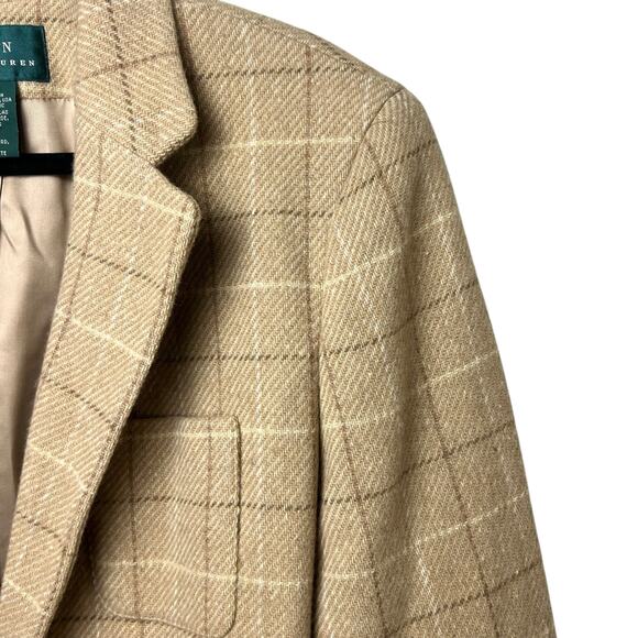 Lauren Ralph Lauren Women's Tan Wool Windowpane Check Blazer Size 12 Made in USA - Picture 4 of 10